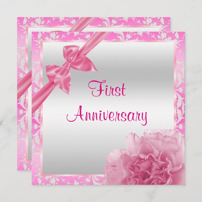 Classy Carnation & Bow 1st Wedding Anniversary Invitation (Front/Back)