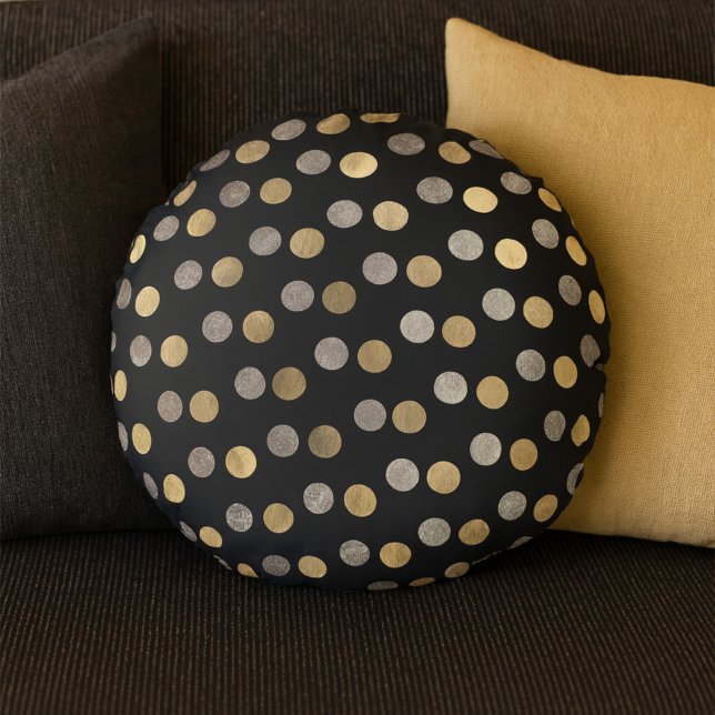  Classy Charcoal Silver Gold Polka Dots Round Grey Round Cushion (Creator Uploaded)
