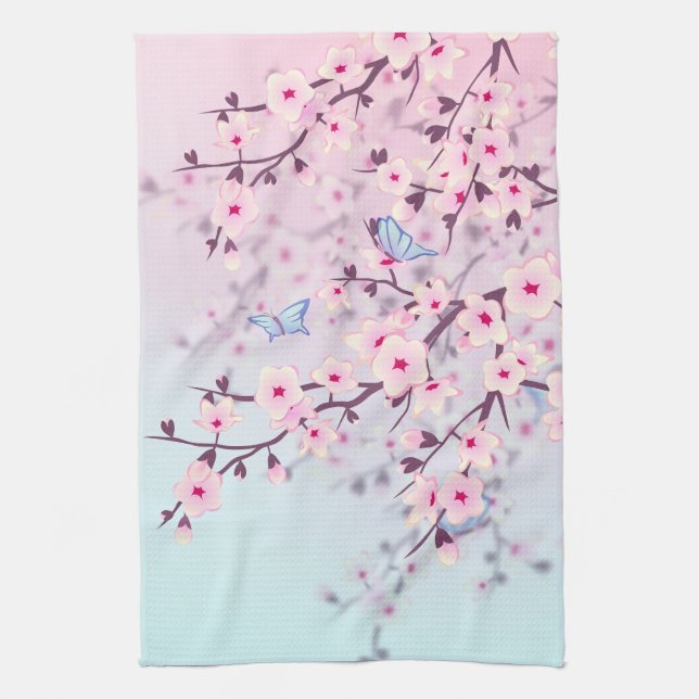 Classy Cherry Blossoms  Landscape Pink Blue Tea Towel (Vertical)