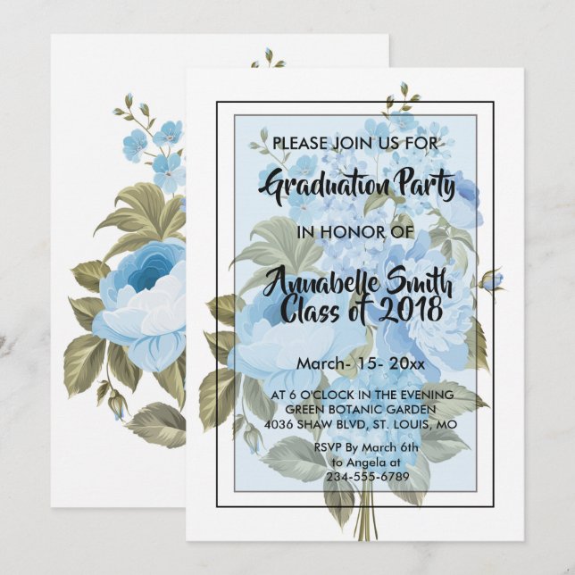 Classy Chic blue floral   Graduation Invitation (Front/Back)