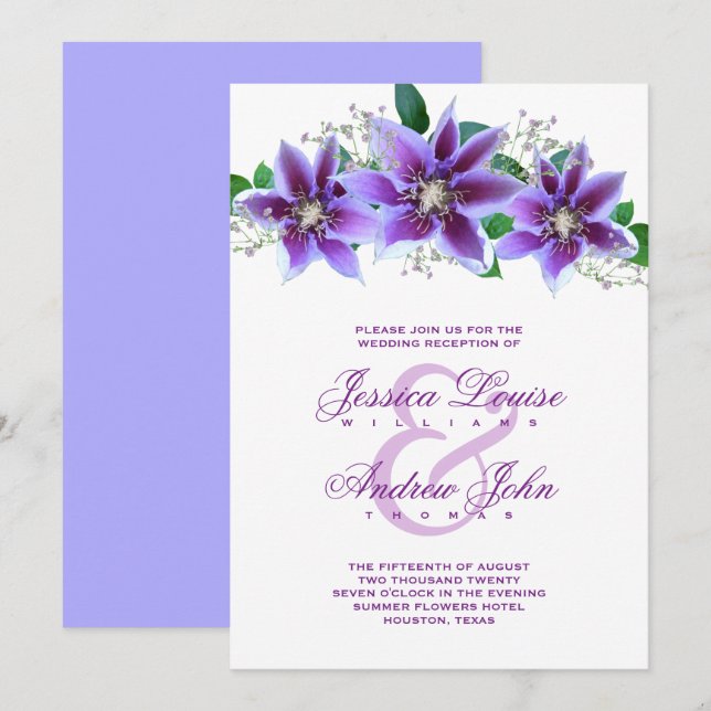 Classy Chic Clematis Wedding Reception Invitation (Front/Back)