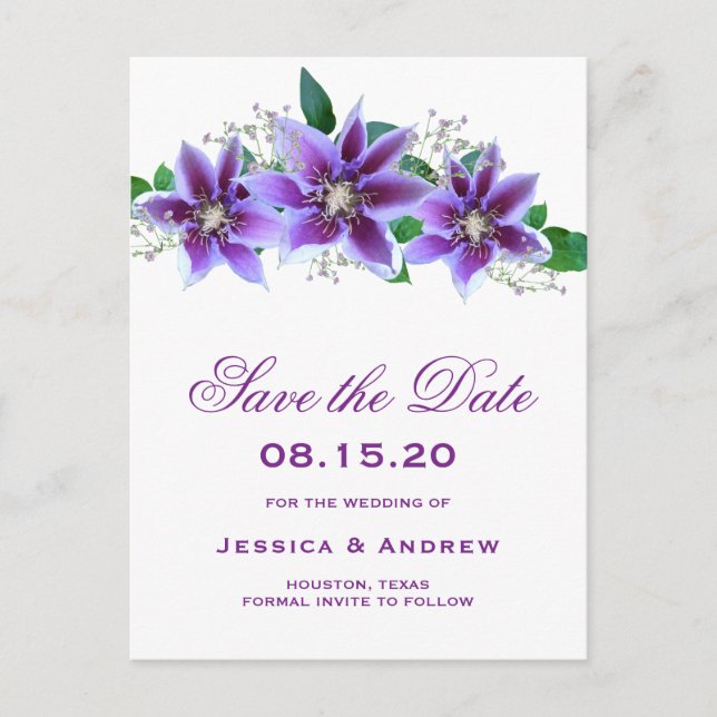 Classy Chic Clematis Wedding Save The Date Announcement Postcard (Front)