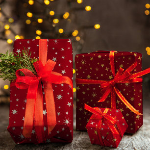 Classy Chic Elegant Gold Silver Red Christmas Star Wrapping Paper Sheet