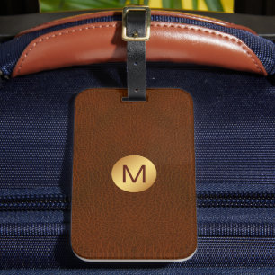 Classy Chic Faux Brown Leather & Gold Monogram Luggage Tag