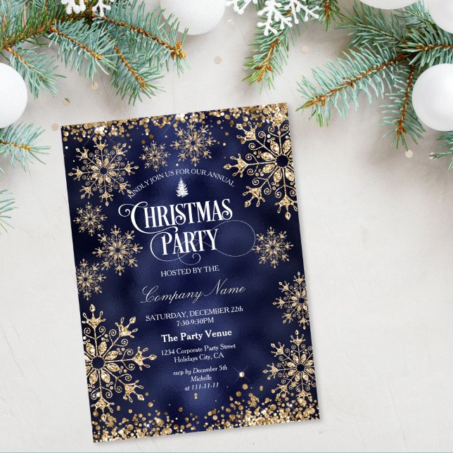 Classy Chic Gold Glitter Corporate Christmas Party Invitation (gold glitter christmas tree on the navy blue background christmas party invitation)