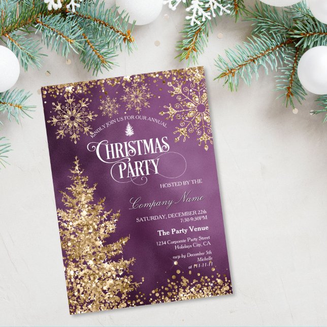 Classy Chic Gold Glitter Corporate Christmas Party Invitation (gold glitter christmas tree on the purple background christmas party invitation)