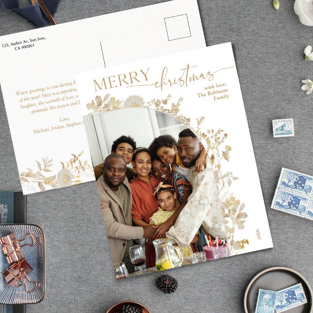 Classy Chic Gold Typography Merry Christmas Photo  Holiday Postcard (Creator Uploaded)