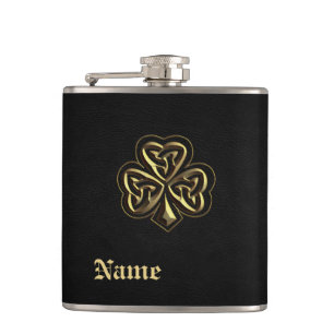 Classy chic golden lucky shamrock leather look hip flask