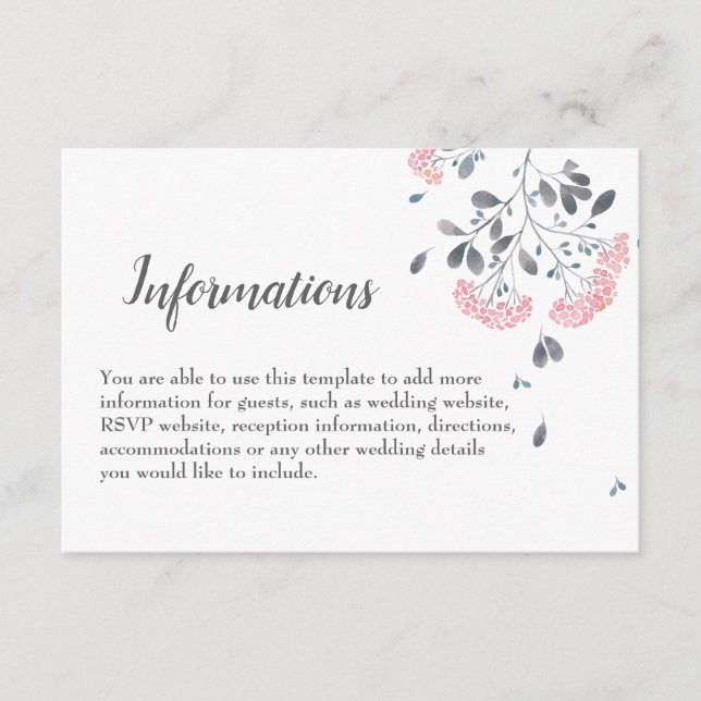 Classy chic grey pink watercolor wedding details enclosure card (Front)