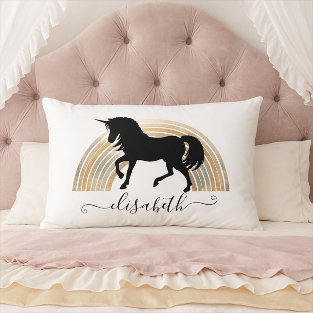  Classy Chic Luxury Black And Gold Rainbow Unicorn Lumbar Cushion (Creator Uploaded)