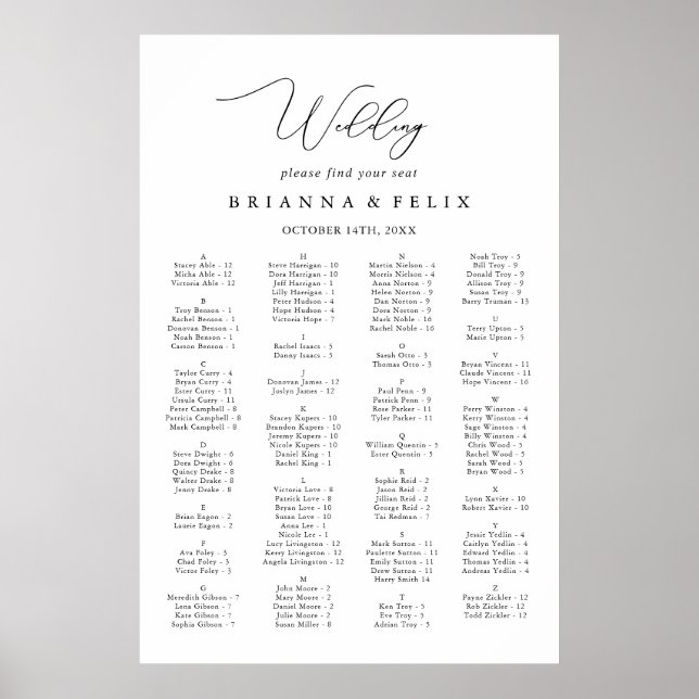 Classy Chic Minimalist Alphabetical Seating Chart (Front)