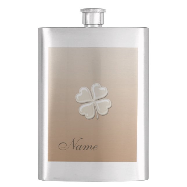 Classy chic pearl lucky shamrock personalised hip flask (Front)