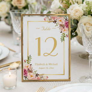 Classy Chic Pink Floral Gold Wedding Table Number