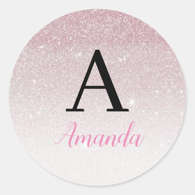 Classy Chic Pink Glitter Monogram Name + Initial Classic Round Sticker (Front)
