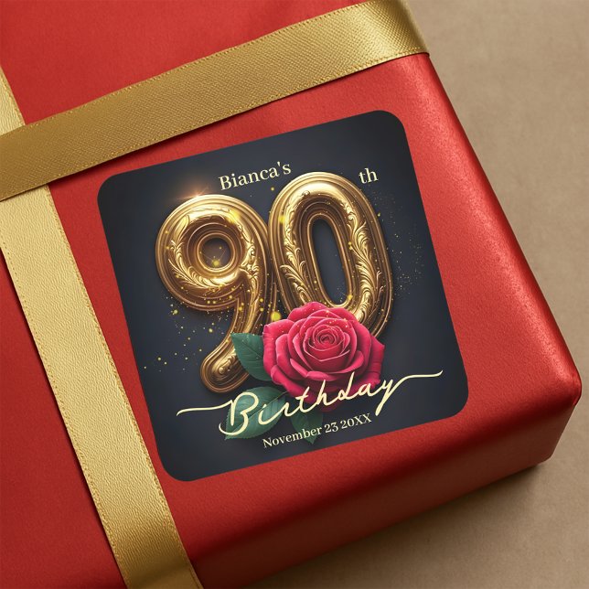 Classy Chic Red Rose Ornate Golden 90th Birthday Square Sticker (Creator Uploaded)