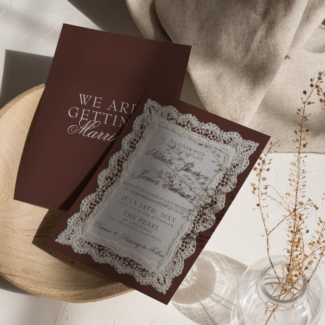Classy Chocolate Brown Lace Old Money Wedding  Invitation (Creator Uploaded)