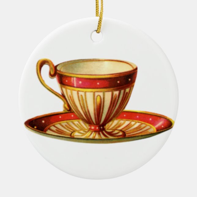 Classy Christmas Ornament Ceramic Red Teacup Gold (Front)