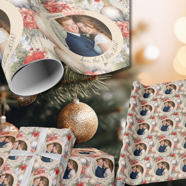 Classy Circle Our First Married Christmas Photo Wrapping Paper (Creator Uploaded)