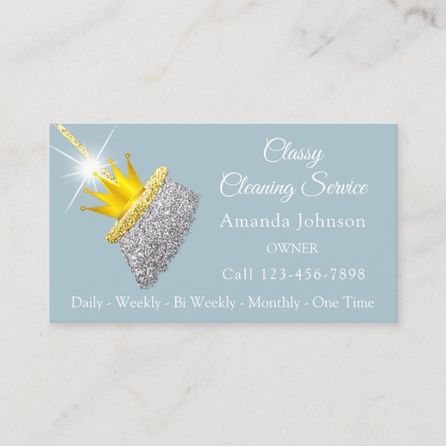 Classy Cleaning Service Maid Blue Broom Crown  Business Card (Front)