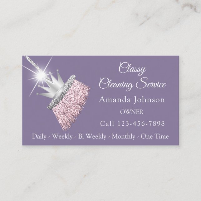 Classy Cleaning Service Maid Broom Crown Purple  Business Card (Front)