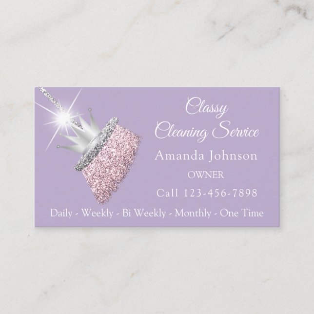 Classy Cleaning Service Maid Broom Crown Purple  Business Card (Front)