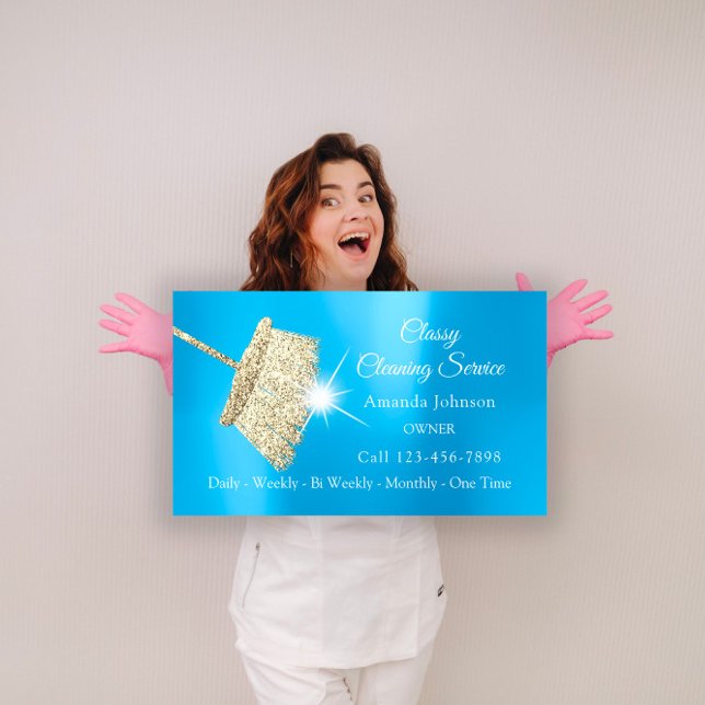 Classy Cleaning Service Maid Gold Blue Ocean Business Card (Classy Cleaning Service Maid Gold Blue Ocean Business Card)