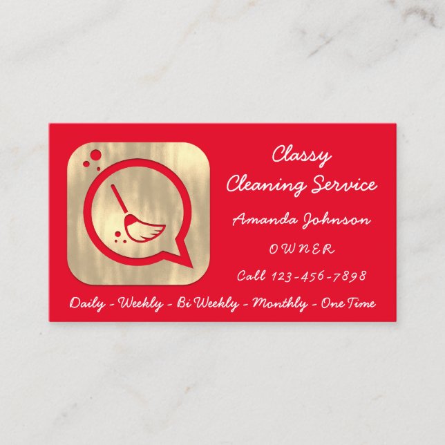 Classy Cleaning Service Maid Gold Groom Logo Red Business Card (Front)