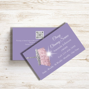 Classy Cleaning Service Maid Purple Silver QRCODE Business Card
