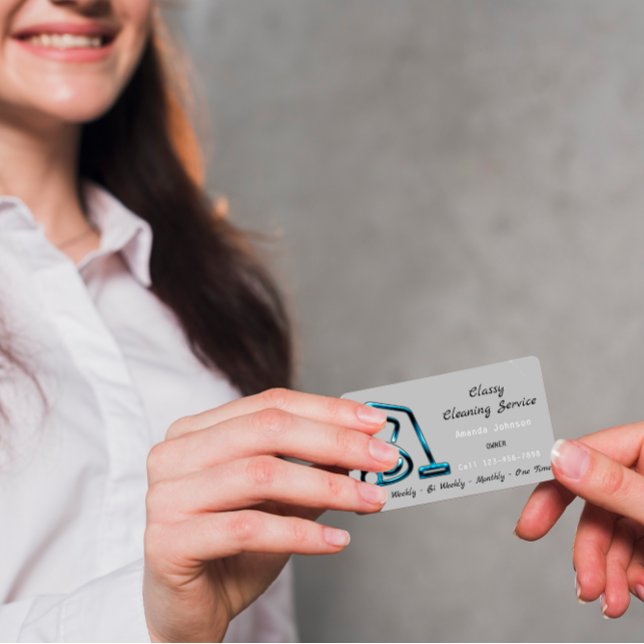Classy Cleaning Service Maid Vacuum Cleaner Grey Business Card (Classy & clean – Your premium service mirrored in a FlorenceK card. #CleanWithClass)