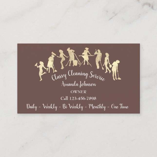 Classy Cleaning Services Gold Logo Maid Brown Business Card (Front)