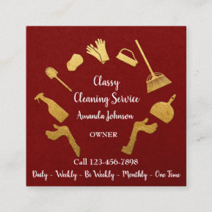 Classy Cleaning Services Gold Logo Maid Kraft Red Square Business Card