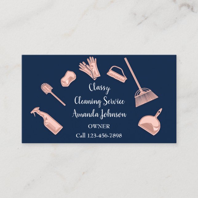 Classy Cleaning Services Gold Logo Maid Navy Rose Business Card (Front)