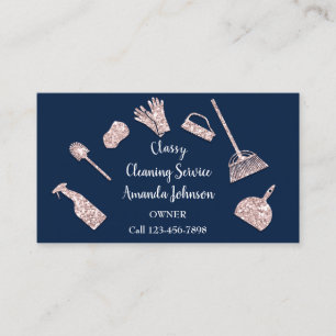 Classy Cleaning Services Gold Logo Maid Pink Blue Business Card