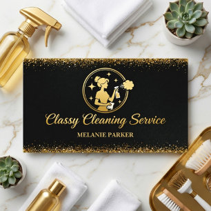 Classy Cleaning Services Logo Maid gold Business Card