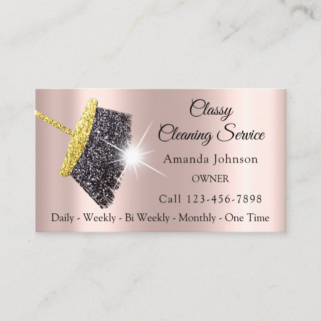 Classy Cleaning Services Rose Gold Glitter Grey Business Card (Front)