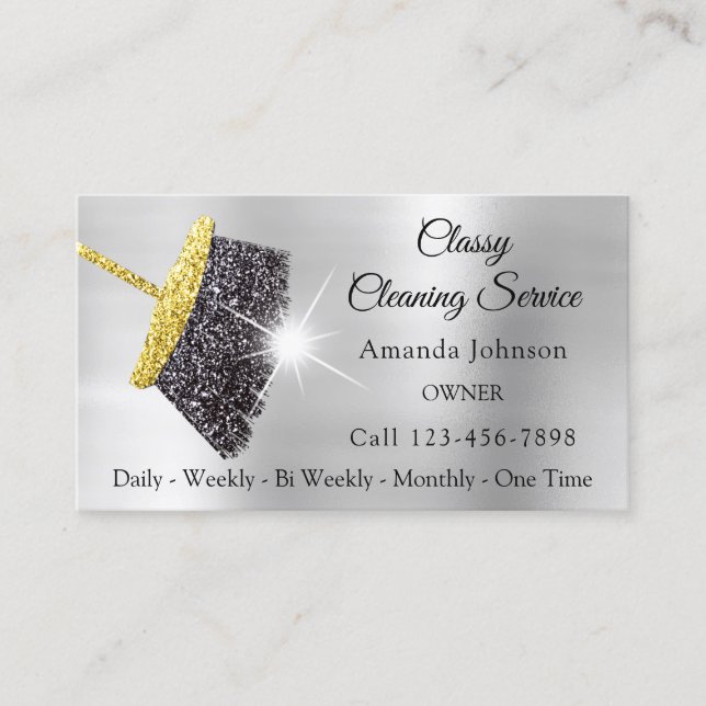 Classy Cleaning Services Silver Gold Glitter Black Business Card (Front)