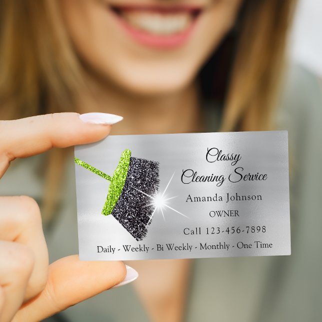 Classy Cleaning Services Silver Mint Glitter Grey Business Card (Classy Cleaning Services Silver Mint Glitter Gray Business Card)