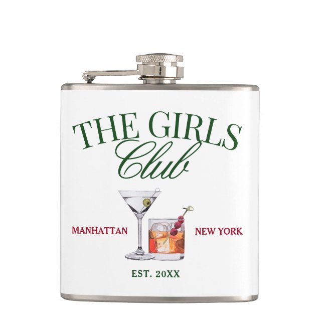 Classy Cocktails Green & Red Girl's Club Hip Flask (Front)