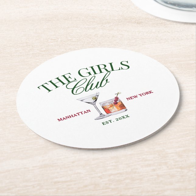 Classy Cocktails Green & Red Girl's Club Round Paper Coaster (Angled)