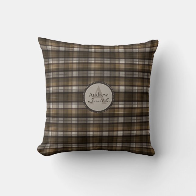Classy Coffee-Brown Plaid Monogram Cushion (Front)