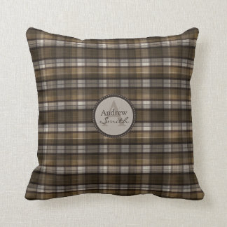 Classy Coffee-Brown Plaid Monogram Cushion