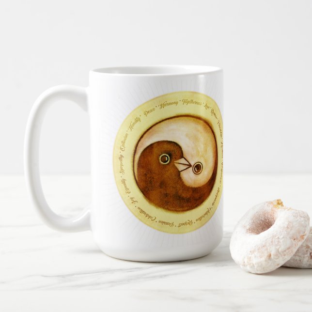 Classy coffee mug Yin Yang gold peace doves (With Donut)