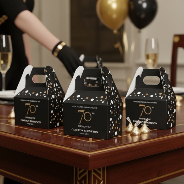 Classy Confetti Gold Black 70th birthday  Favour Box (Customizable black gold confetti 70th birthday party favor boxes.)