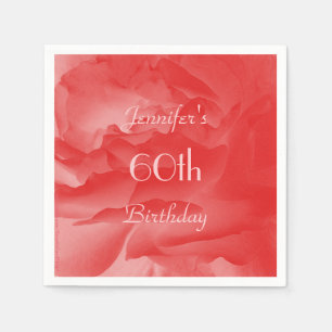 Classy Coral Pink Rose, Name, 60th Birthday Paper Napkin