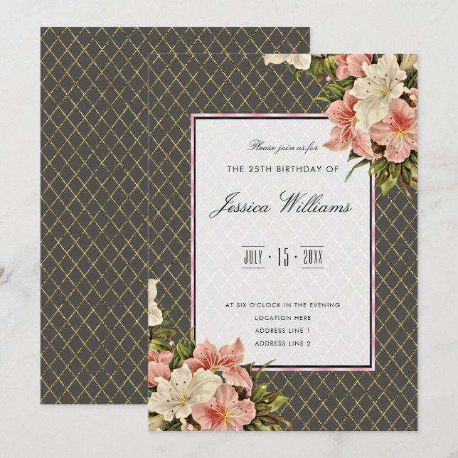 Classy Corner Lilies & Gold Diamonds 25th Birthday Invitation (Front/Back)