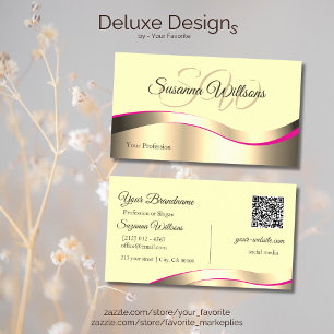 Classy Cream Wavy Gold Decor Initials and QR Code Business Card