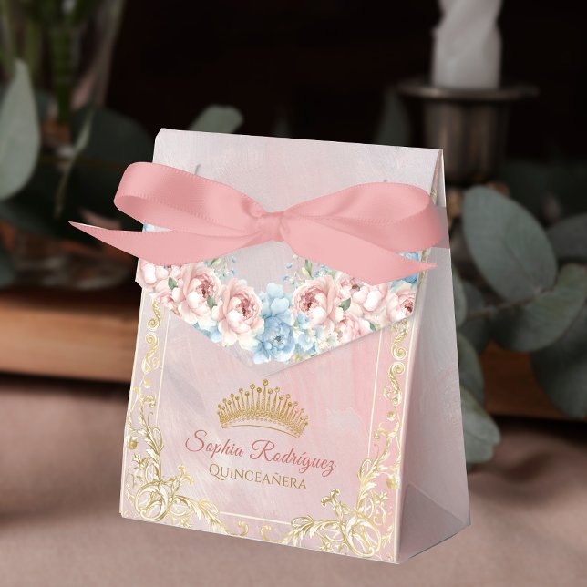 Classy Crown Floral Pink Quinceanera Favour Box (Classy Crown Floral Pink Quinceanera Favor Box)