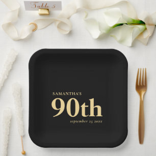 Classy Custom Gold Black Text 90th Name Date  Paper Plate
