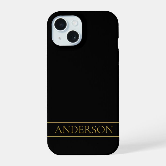 Classy Customisable Gold Text & Lines iPhone 15 Case (Back)