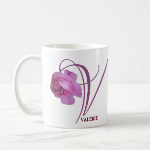 Classy Customizable V monogram pink rose flowers Coffee Mug